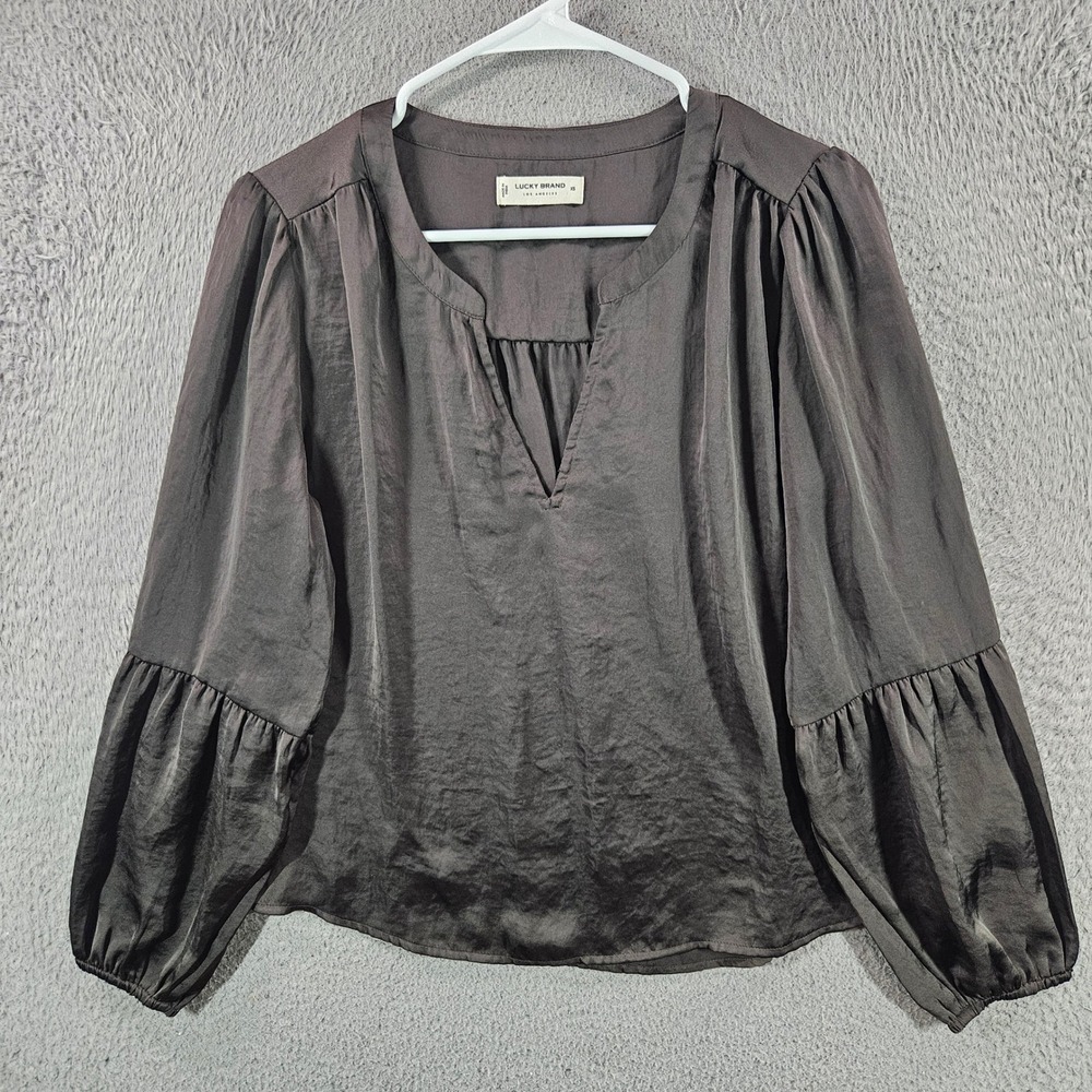 Lucky Brand Womens XS Gray Satin Split Neck Puff Sleeve Blouse Top Dark Charcoal